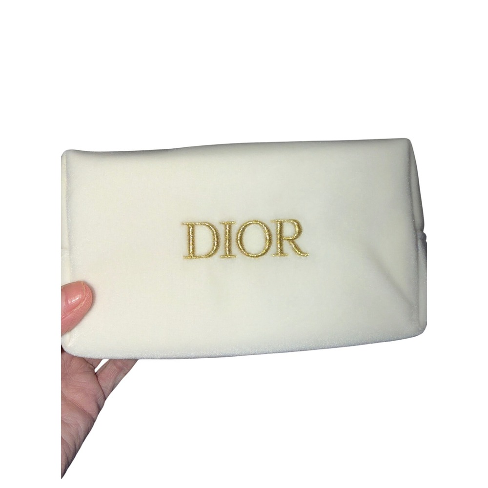Dior Parfums White Velvet Cosmetic Pouch Gold Embroidered Logo Makeup Bag Boxed - Picture 2 of 8